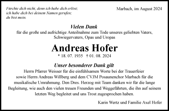 Traueranzeige von Andreas Hofer von Marbacher Zeitung