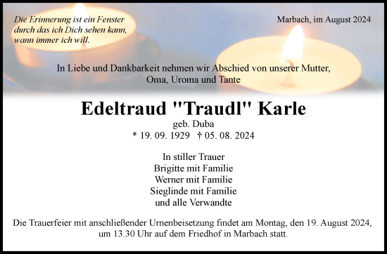 Traueranzeige von Edeltraud Karle von Marbacher Zeitung