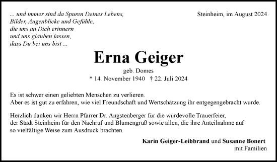 Traueranzeige von Erna Geiger von Marbacher Zeitung