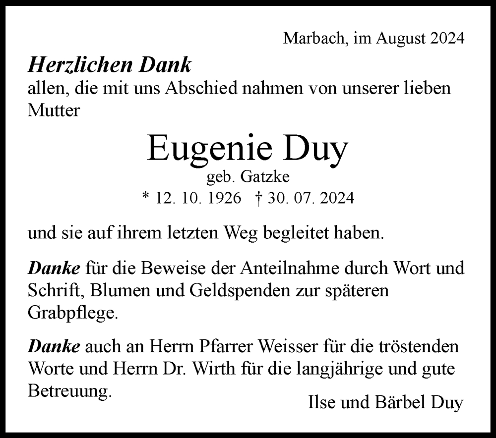  Traueranzeige für Eugenie Duy vom 19.08.2024 aus Marbacher Zeitung