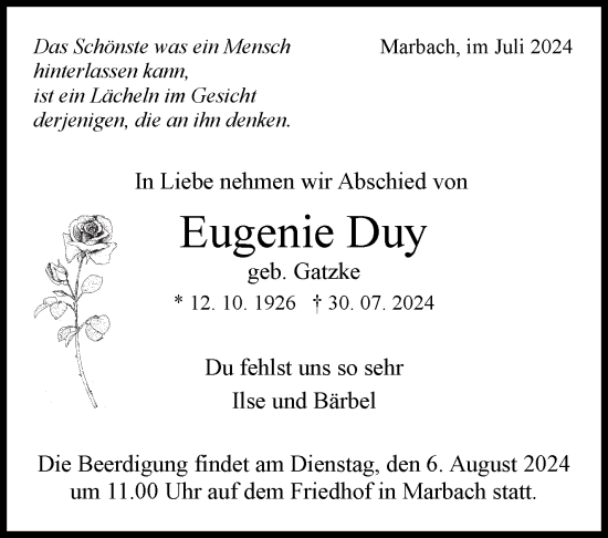Traueranzeige von Eugenie Duy von Marbacher Zeitung