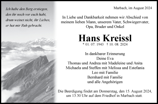 Traueranzeige von Hans Kreissl von Marbacher Zeitung