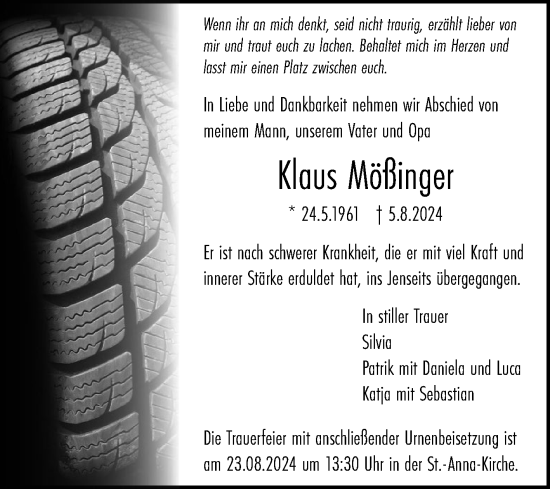 Traueranzeige von Klaus Mößinger von Marbacher Zeitung