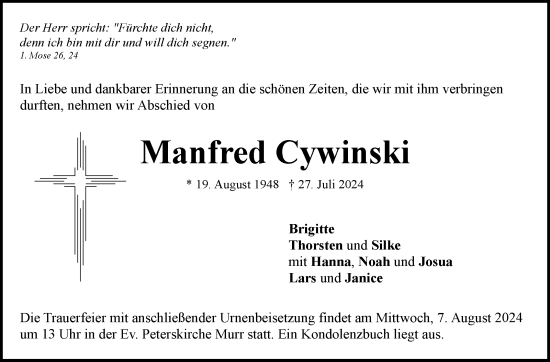 Traueranzeige von Manfred Cywinski von Marbacher Zeitung