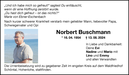 Traueranzeige von Norbert Buschmann von Marbacher Zeitung