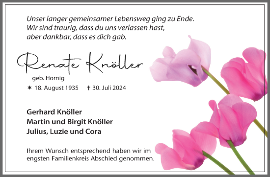 Traueranzeige von Renate Knöller von Marbacher Zeitung