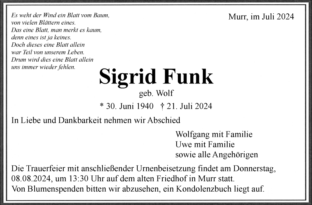  Traueranzeige für Sigrid Funk vom 02.08.2024 aus Marbacher Zeitung