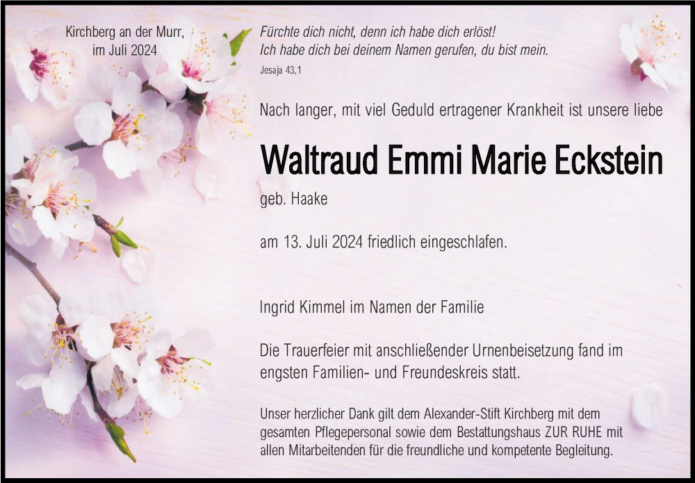  Traueranzeige für Waltraud Emmi Marie Eckstein vom 20.07.2024 aus Marbacher Zeitung