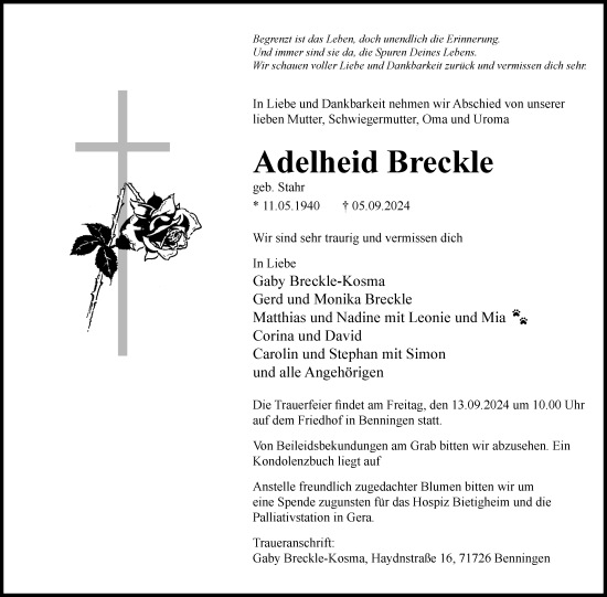 Traueranzeige von Adelheid Breckle von Marbacher Zeitung