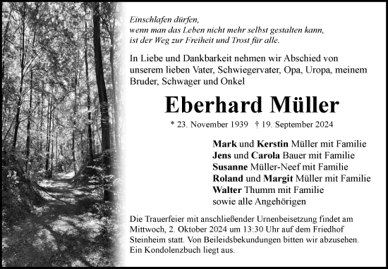 Traueranzeige von Eberhard Müller von Marbacher Zeitung