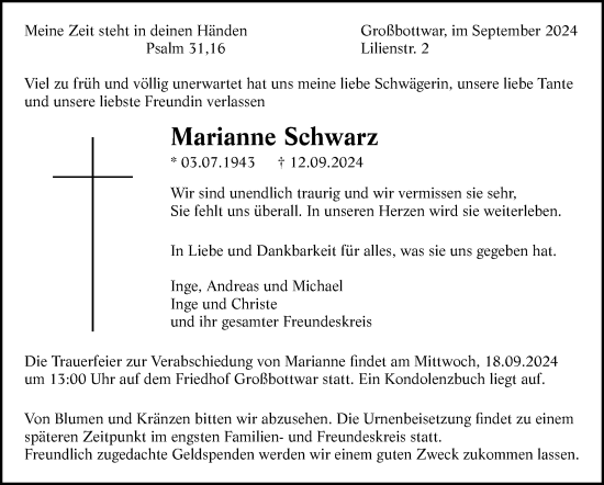 Traueranzeige von Marianne Schwarz von Marbacher Zeitung