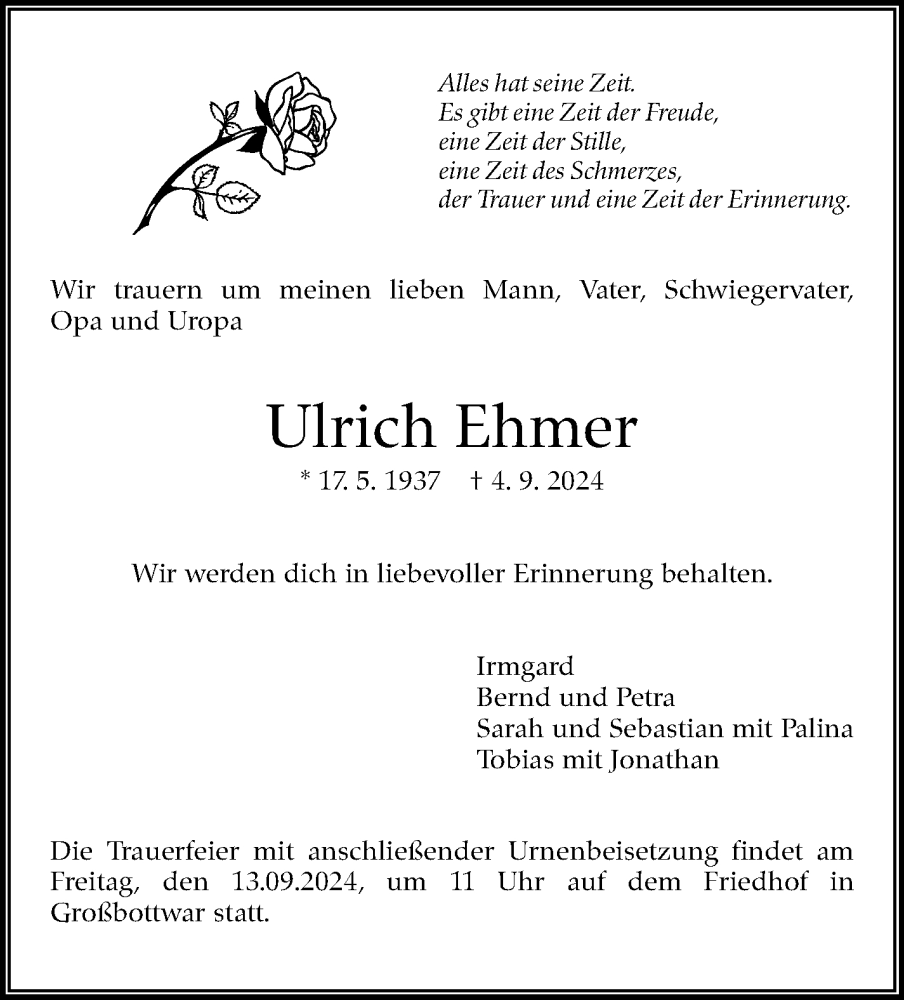  Traueranzeige für Ulrich Ehmer vom 09.09.2024 aus Marbacher Zeitung