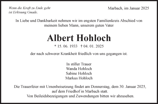 Traueranzeige von Albert Hohloch von Marbacher Zeitung