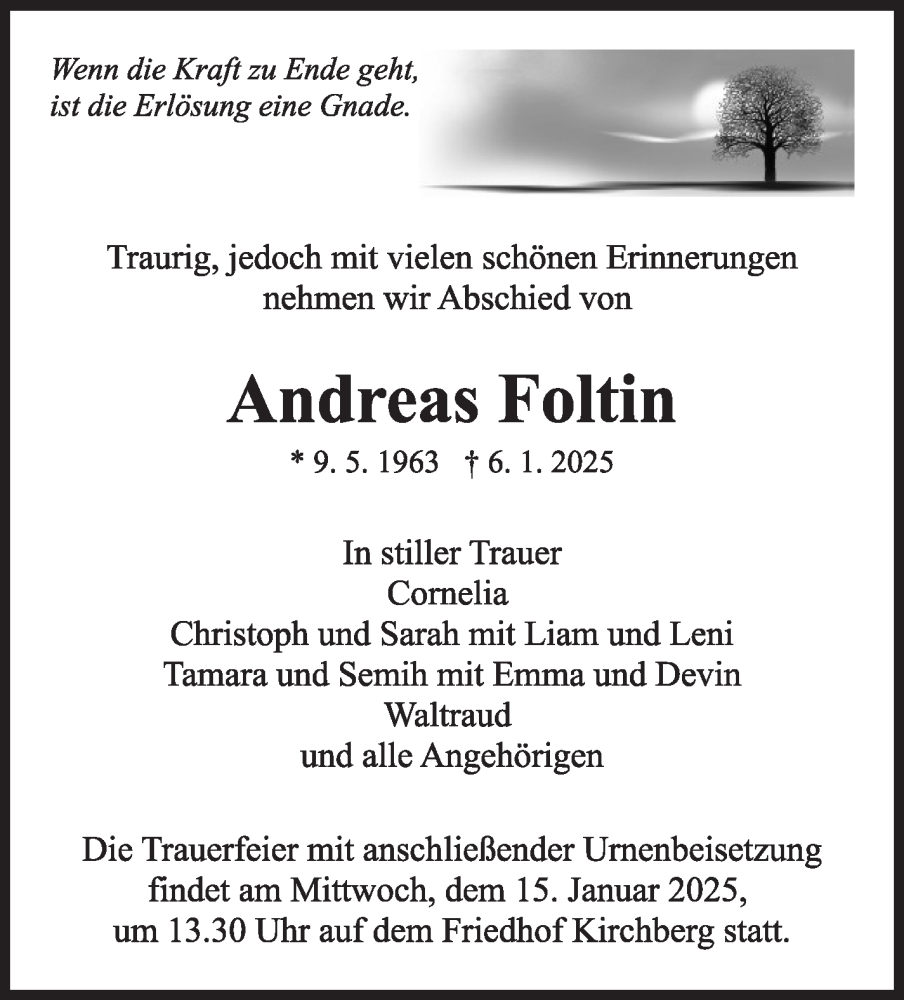  Traueranzeige für Andreas Foltin vom 09.01.2025 aus Marbacher Zeitung