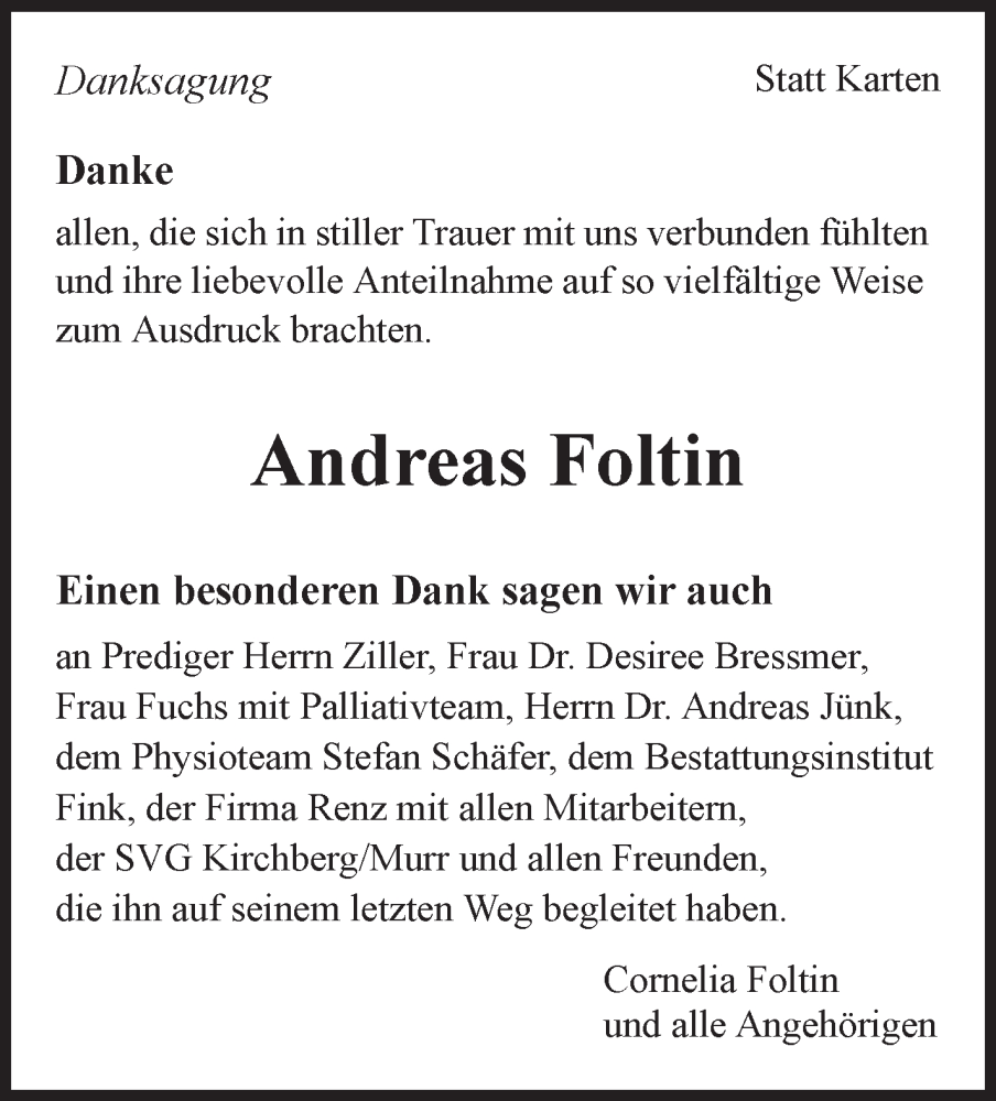  Traueranzeige für Andreas Foltin vom 20.01.2025 aus Marbacher Zeitung