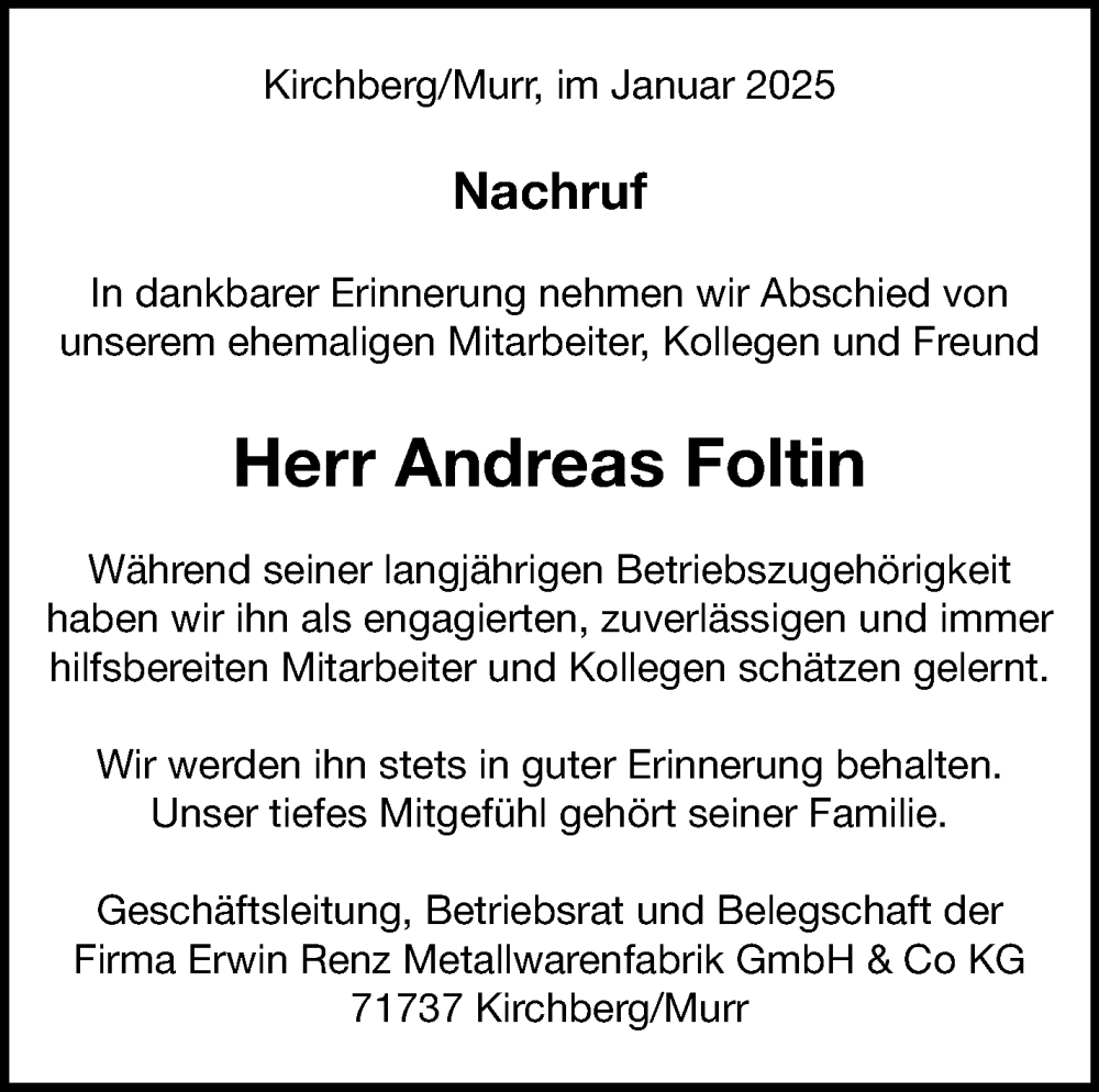  Traueranzeige für Andreas Foltin vom 13.01.2025 aus Marbacher Zeitung