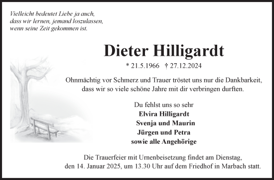Traueranzeige von Dieter Hilligardt von Marbacher Zeitung