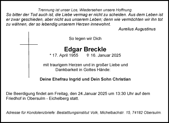 Traueranzeige von Edgar Breckle von Marbacher Zeitung