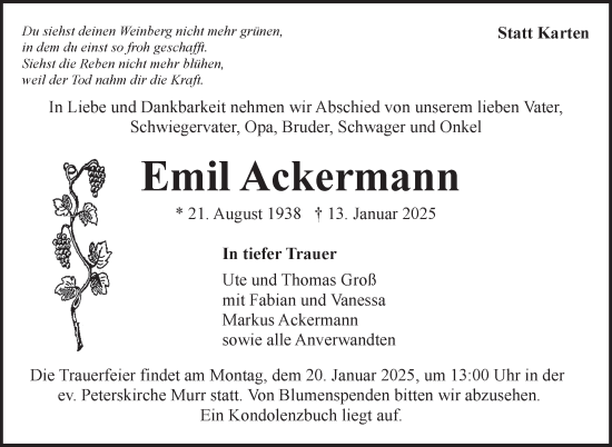 Traueranzeige von Emil Ackermann von Marbacher Zeitung