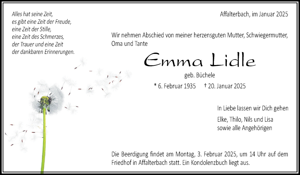  Traueranzeige für Emma Lidle vom 27.01.2025 aus Marbacher Zeitung