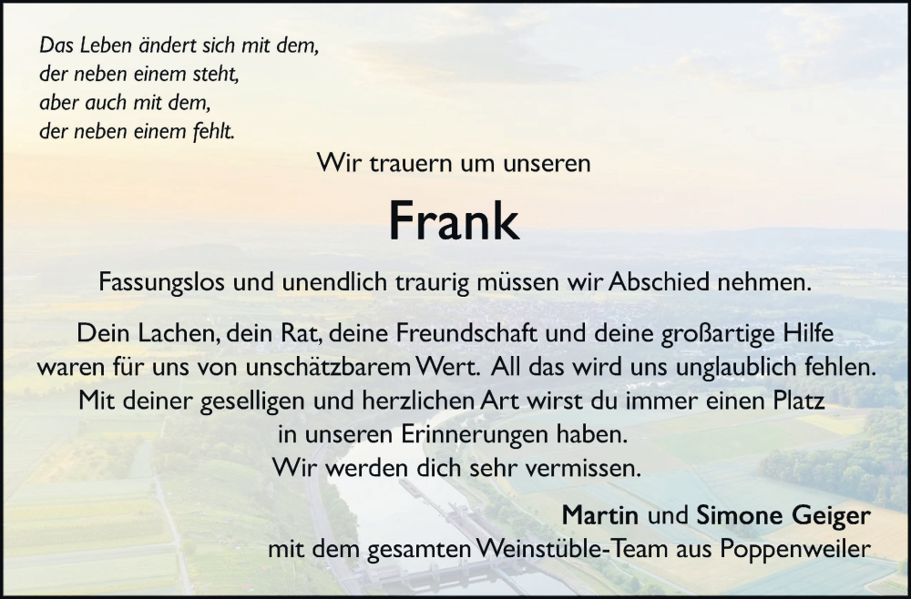  Traueranzeige für Frank  vom 03.01.2025 aus Marbacher Zeitung