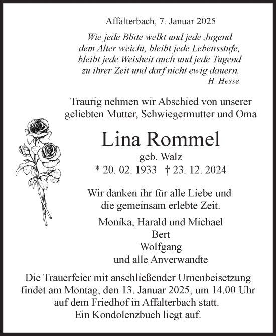 Traueranzeige von Lina Rommel von Marbacher Zeitung