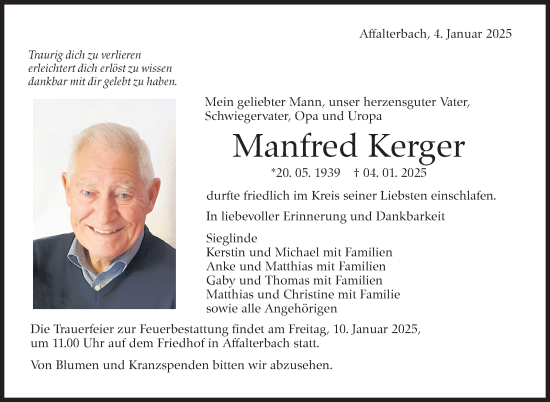Traueranzeige von Manfred Kerger von Marbacher Zeitung