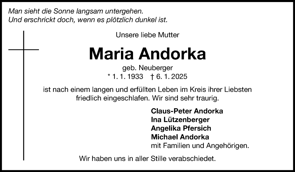  Traueranzeige für Maria Andorka vom 24.01.2025 aus Marbacher Zeitung