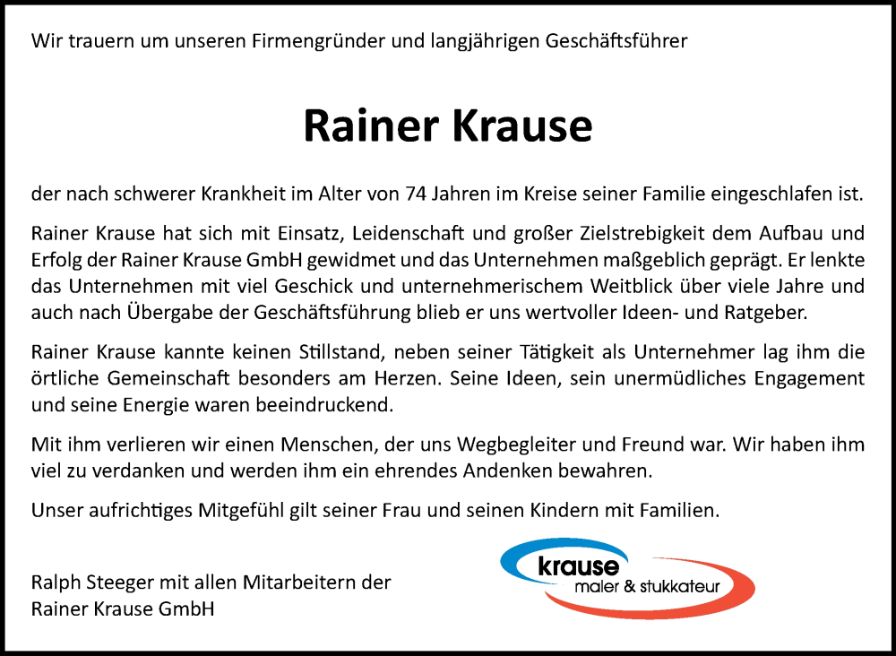 Traueranzeige für Rainer Krause vom 13.01.2025 aus Marbacher Zeitung