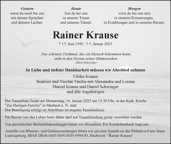 Traueranzeige von Rainer Krause von Marbacher Zeitung