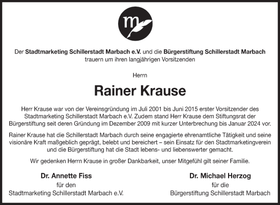 Traueranzeige von Rainer Krause von Marbacher Zeitung