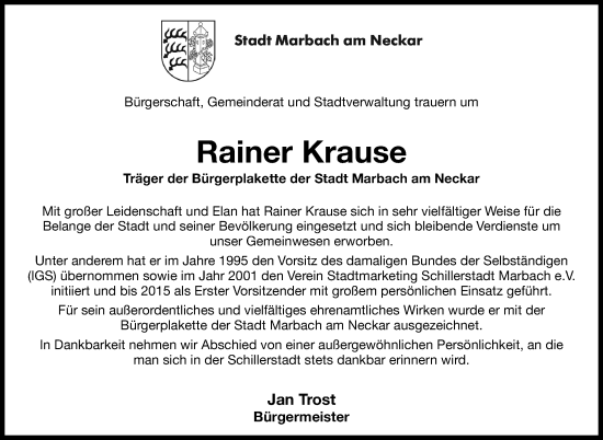 Traueranzeige von Rainer Krause von Marbacher Zeitung
