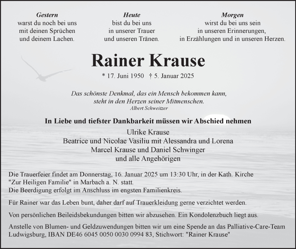  Traueranzeige für Rainer Krause vom 09.01.2025 aus Marbacher Zeitung