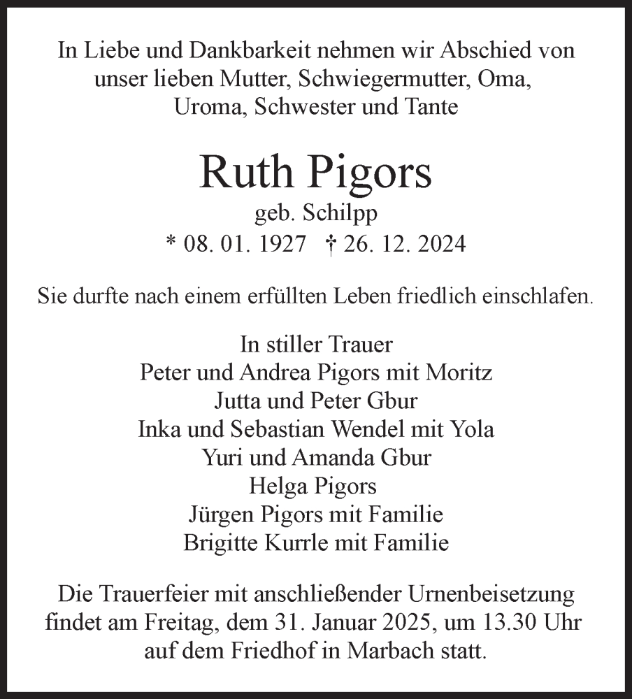  Traueranzeige für Ruth Pigors vom 24.01.2025 aus Marbacher Zeitung