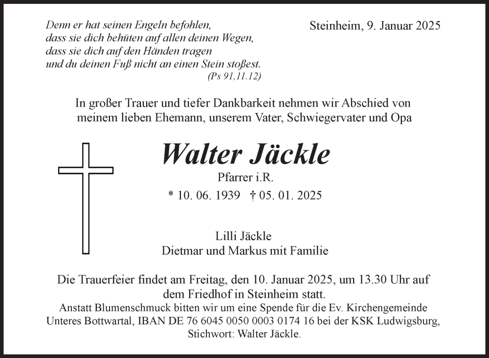  Traueranzeige für Walter Jäckle vom 09.01.2025 aus Marbacher Zeitung