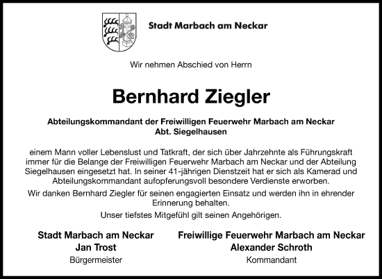 Traueranzeige von Bernhard Ziegler von Marbacher Zeitung