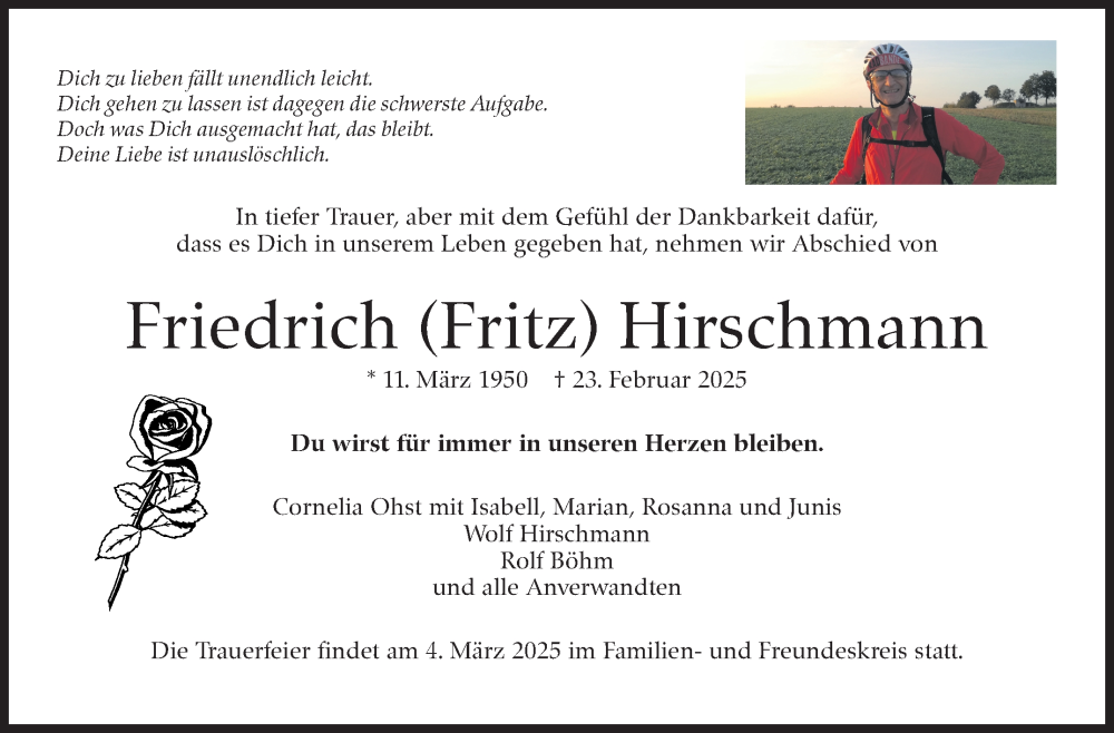  Traueranzeige für Friedrich Hirschmann vom 27.02.2025 aus Marbacher Zeitung
