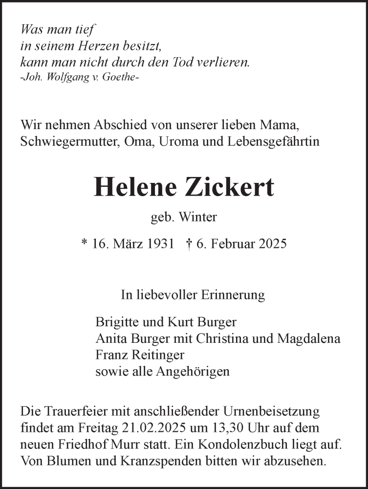  Traueranzeige für Helene Zickert vom 14.02.2025 aus Marbacher Zeitung
