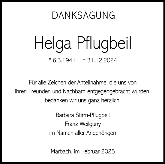 Traueranzeige von Helga Pflugbeil von Marbacher Zeitung