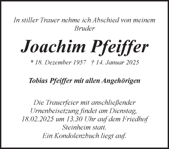 Traueranzeige von Joachim Pfeiffer von Marbacher Zeitung
