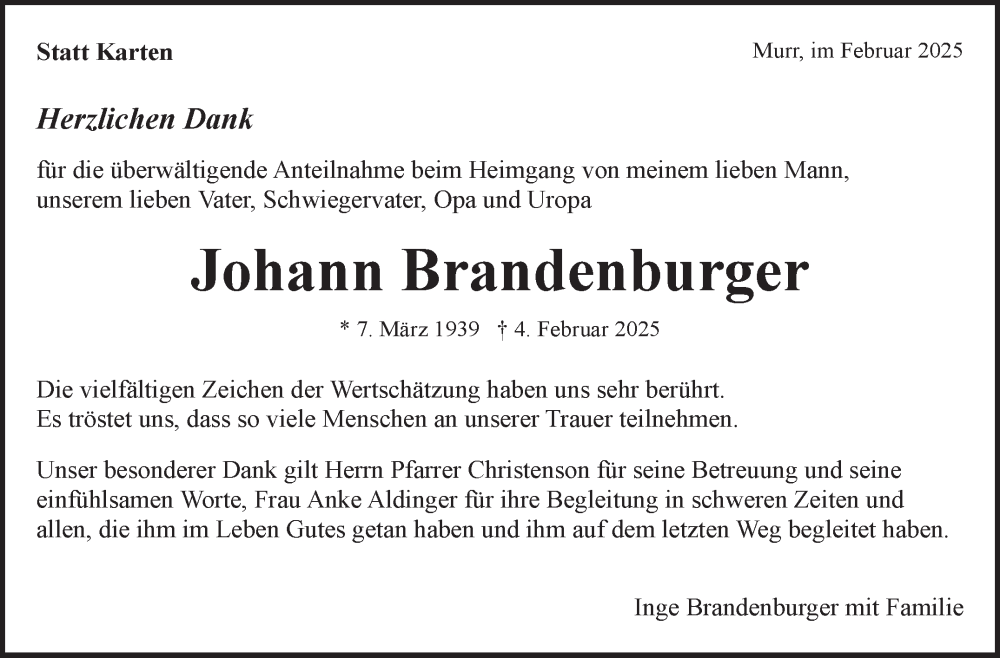  Traueranzeige für Johann Brandenburger vom 21.02.2025 aus Marbacher Zeitung
