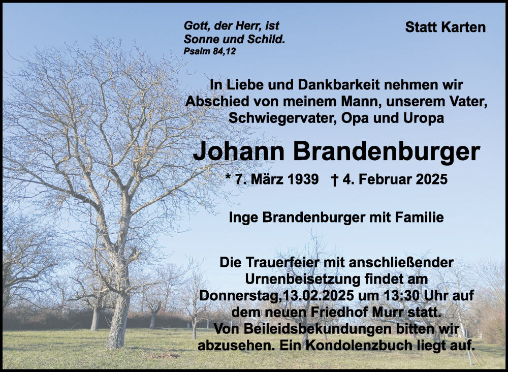  Traueranzeige für Johann Brandenburger vom 10.02.2025 aus Marbacher Zeitung