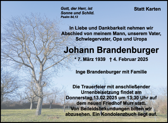 Traueranzeige von Johann Brandenburger von Marbacher Zeitung
