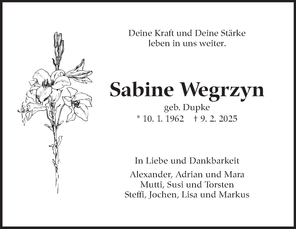  Traueranzeige für Sabine Wegrzyn vom 14.02.2025 aus Marbacher Zeitung