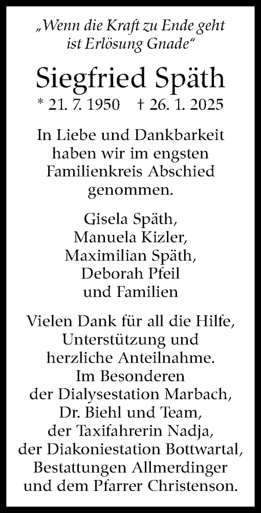 Traueranzeige von Siegfried Späth von Marbacher Zeitung