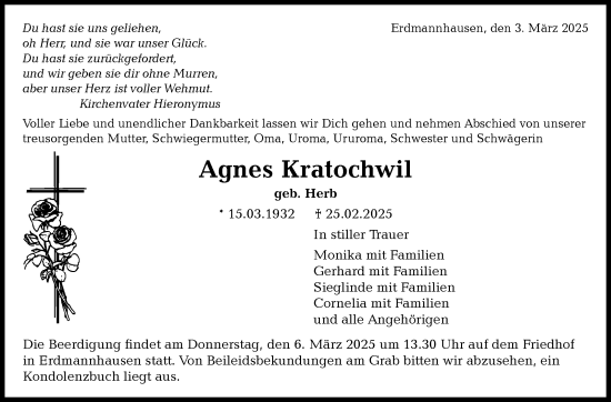 Traueranzeige von Agnes Kratochwil von Marbacher Zeitung