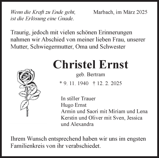 Traueranzeige von Christel Ernst von Marbacher Zeitung