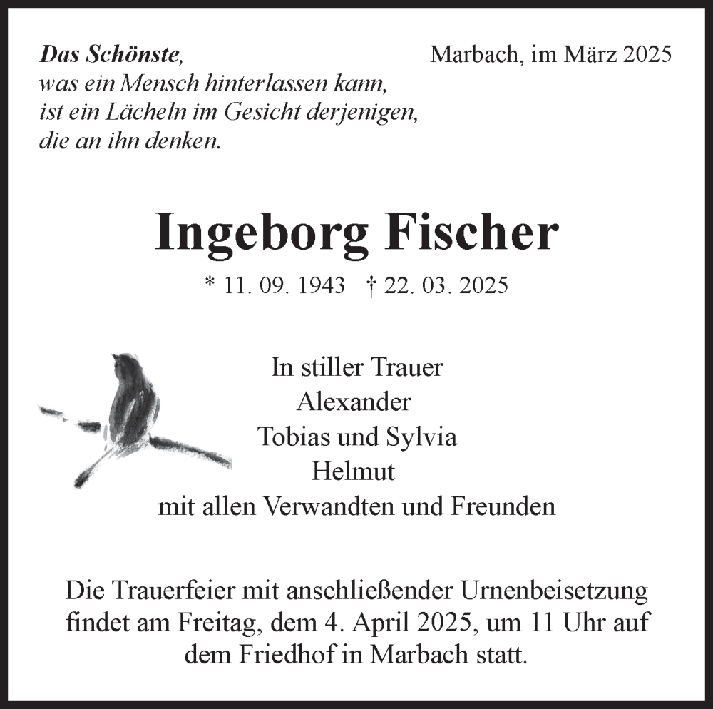  Traueranzeige für Ingeborg Fischer vom 28.03.2025 aus Marbacher Zeitung