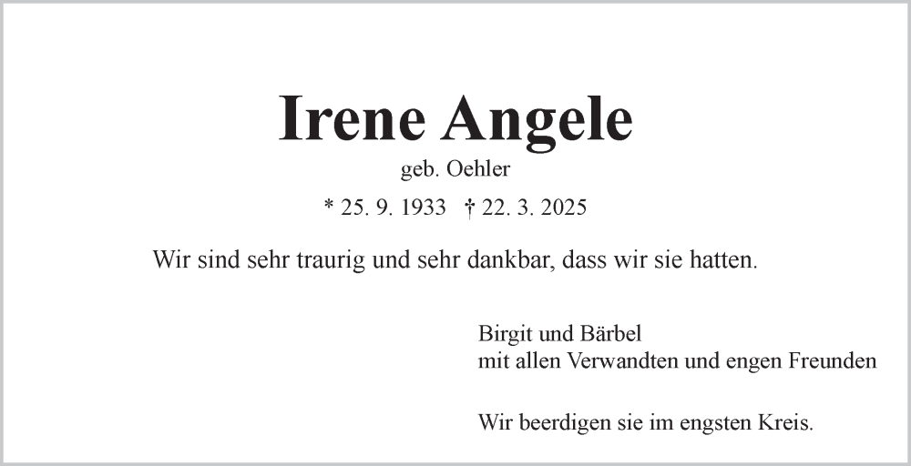  Traueranzeige für Irene Angele vom 28.03.2025 aus Marbacher Zeitung