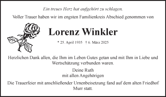 Traueranzeige von Lorenz Winkler von Marbacher Zeitung